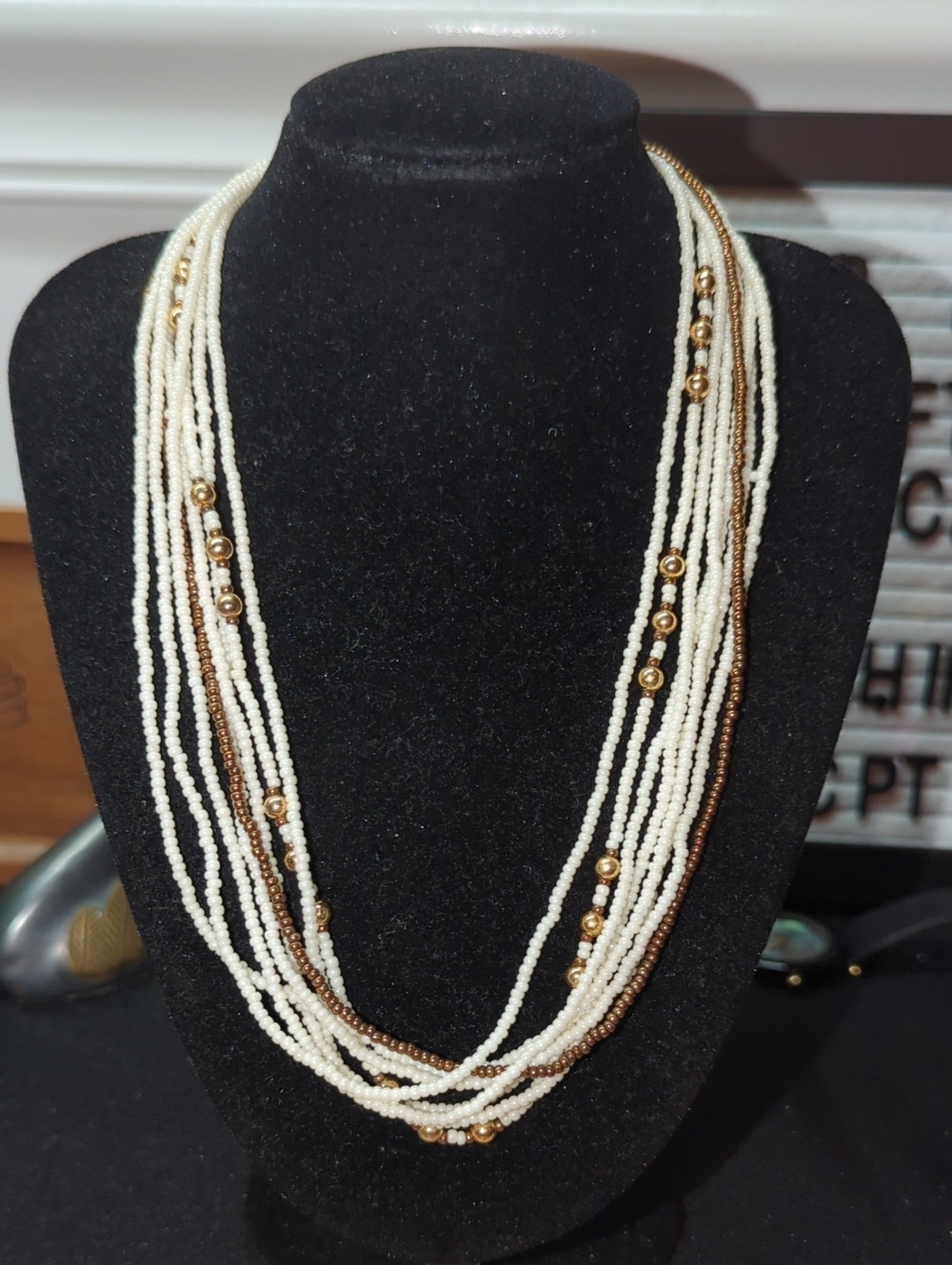 Multi-Strand White and Gold Beaded Necklace - Stamped Japan